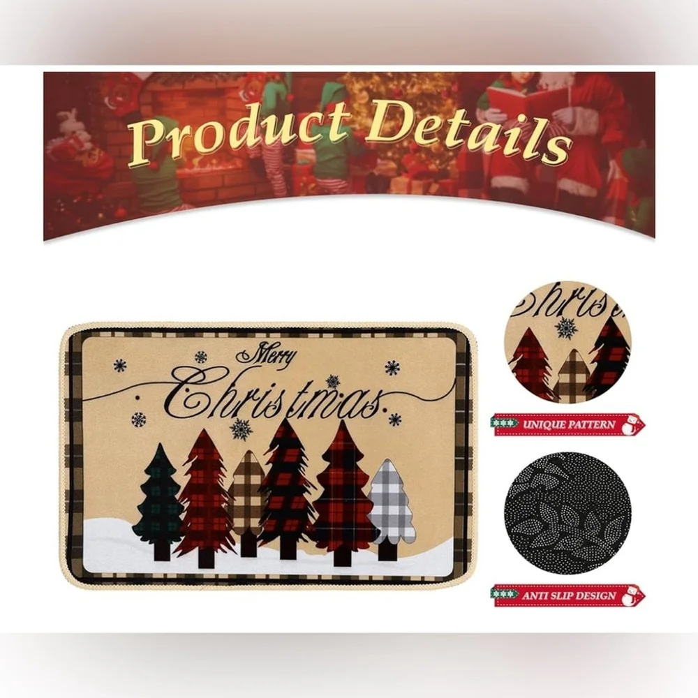 NEW Merry Christmas Trees Winter Doormat Bath Mat Rug Non-Slip 16x24”